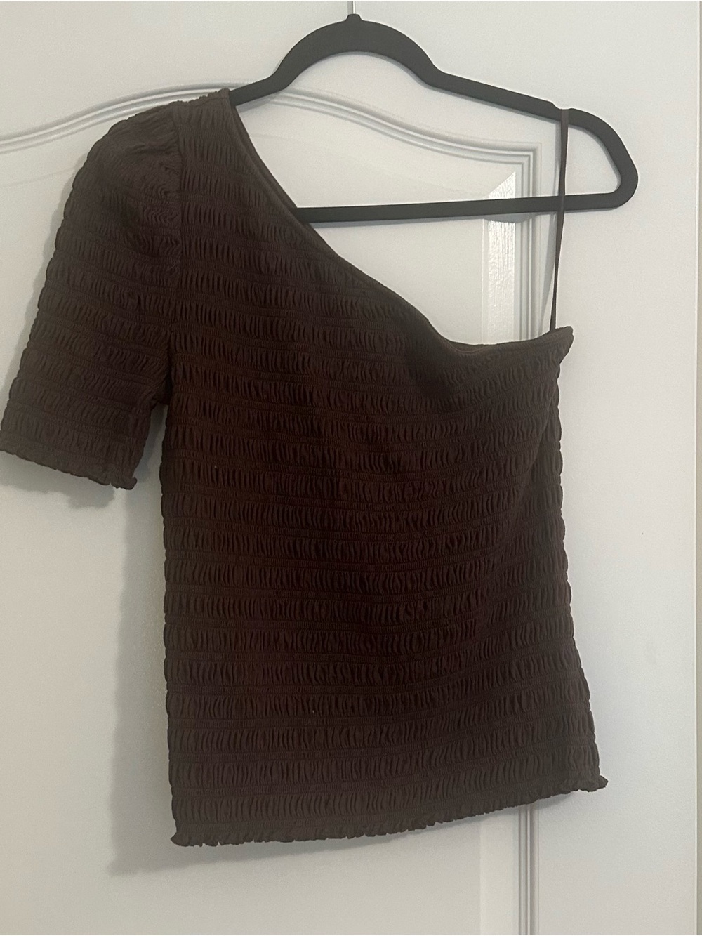 Gap One-Shoulder Smocked Top in Dark Brown